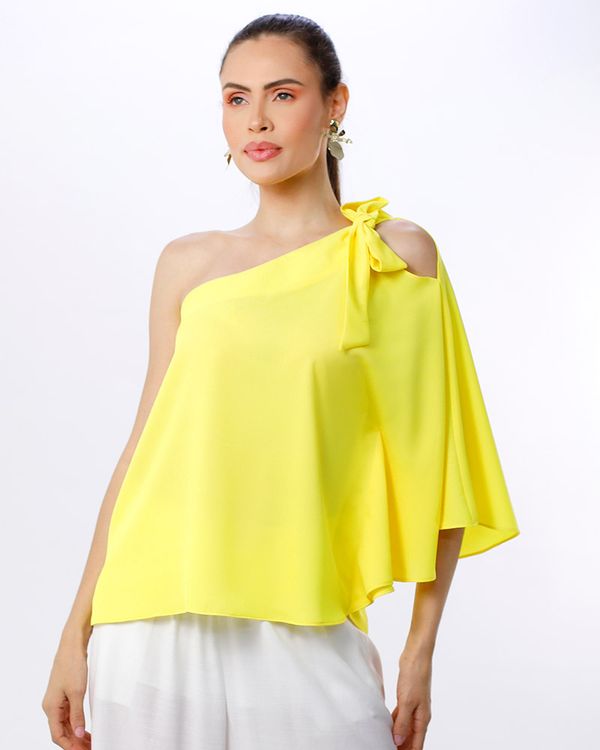 Blusa-Tecido-Texturizado-Um-Ombro-So-com-Laco-Amarelo-Alegria
