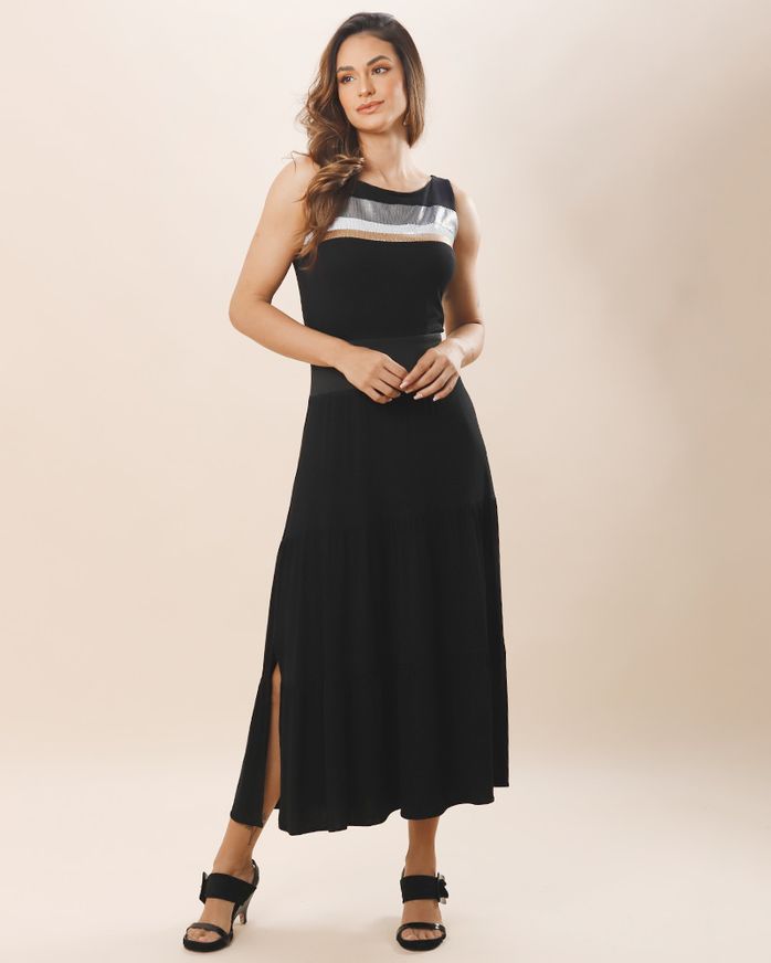 Vestido Longo Malha Detalhe Brilho Preto lojabluk