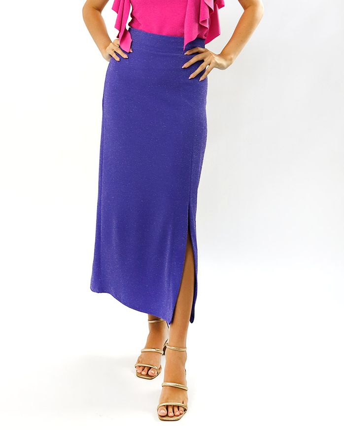 Saia Longa Malha Brilho Fenda Lateral Azul Very Pery lojabluk