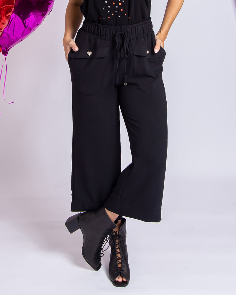 Calça Pantacourt Crepe Botões Corações Preto lojabluk