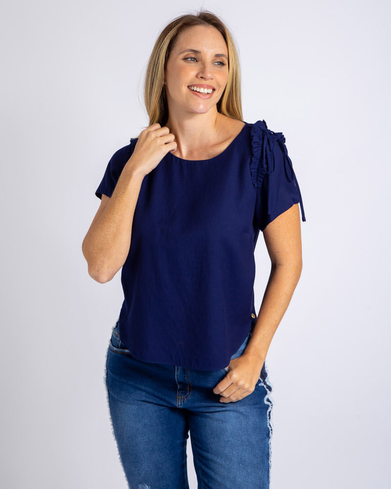 Blusa Viscose Com Linho Bianca Punhos Dobrados Com Martingalê Azul