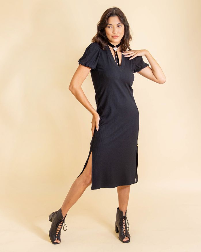 Vestido Preto Vestido Crepe De Malha Vestido Midi Malha Canelada