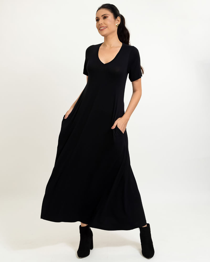 Vestido Preto Vestido Crepe De Malha Vestido Longo Malha Soft