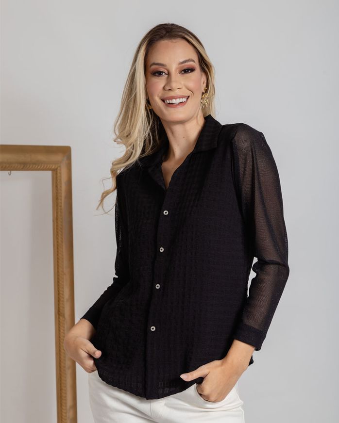 Camisa-Crepe-Textura-Quadriculado-Manga-de-Tela-Preto