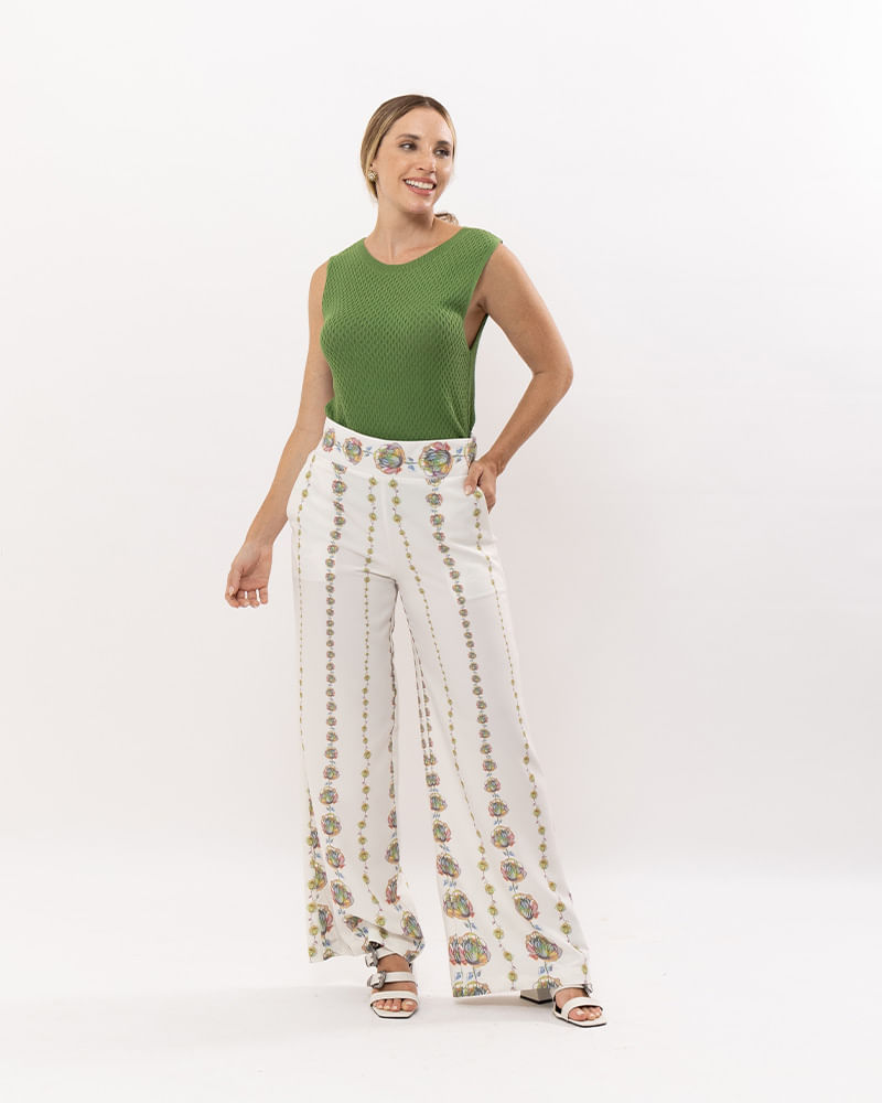Calça Pantalona Crepe Estampa Floral Aquarelado Off White lojabluk