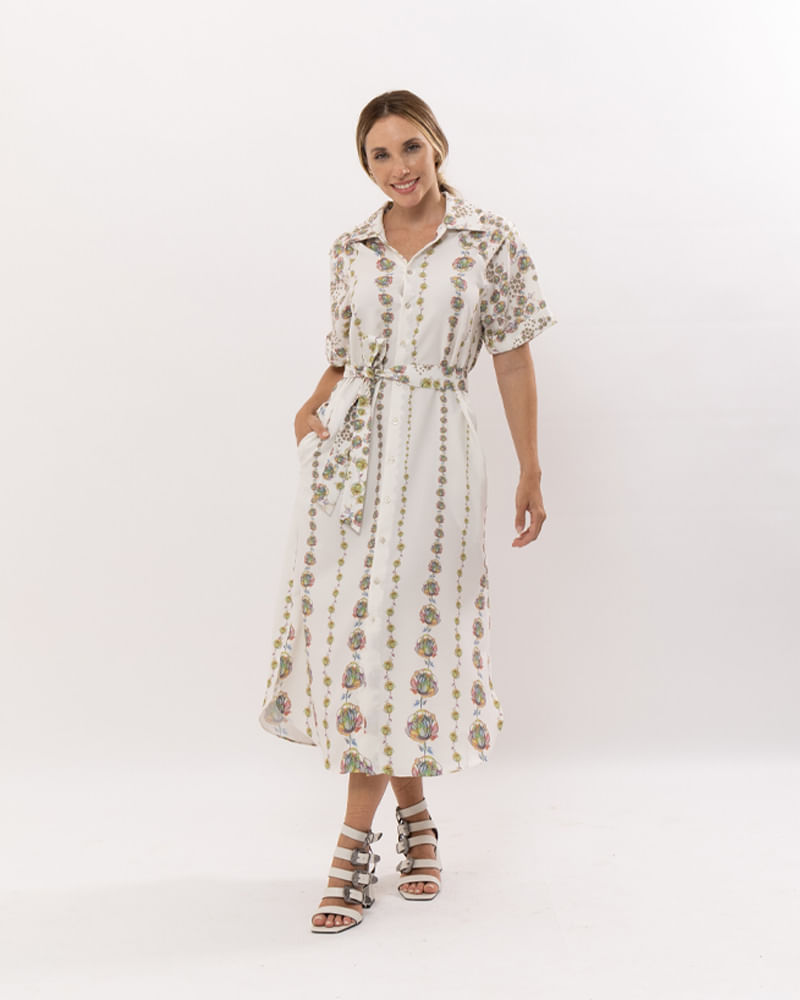 Chemise Midi Crepe Estampa Floral Aquarelado Mangas com Pregas Off