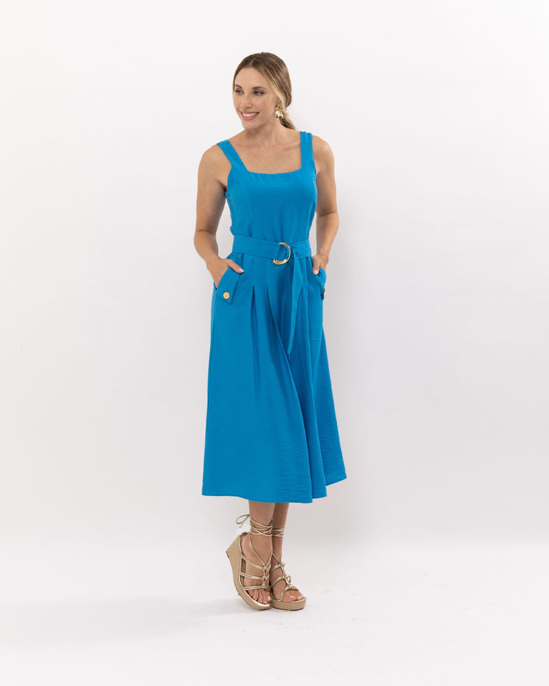 Vestido Midi Evasê Crepe Portinhola Assimétrica Azul lojabluk