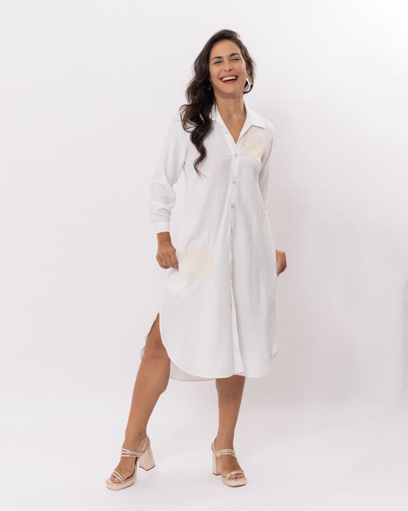 Chemise Midi Crepe Bordado Concha com Cinto Off White lojabluk