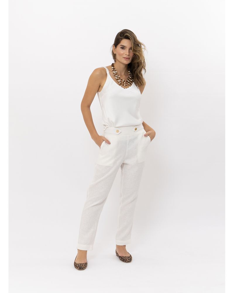 Calça Reta Linho Detalhe Martigale Off White lojabluk