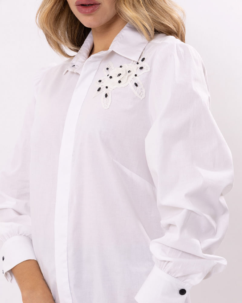 Camisa Tricoline Algodão Guipir Bordado Pedrarias Branco lojabluk