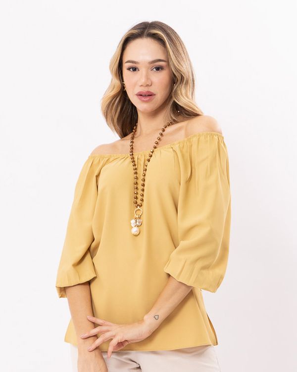 Blusa-Tecido-Decote-Ombro-a-Ombro-Mangas-Balone-Manteiga
