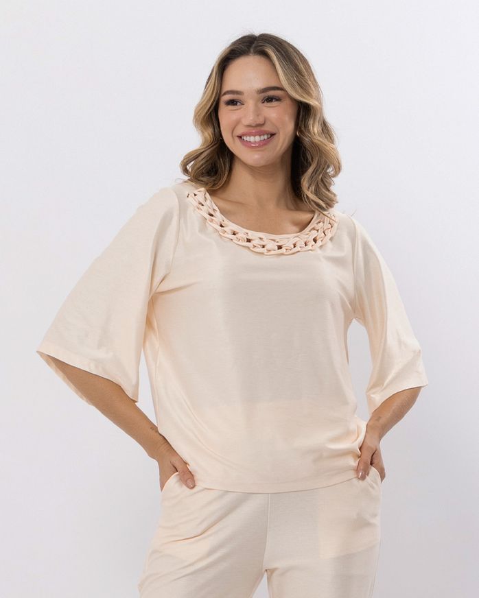 Blusa-Bolha-Malha-Gloss-Decote-Macrame-Dourado