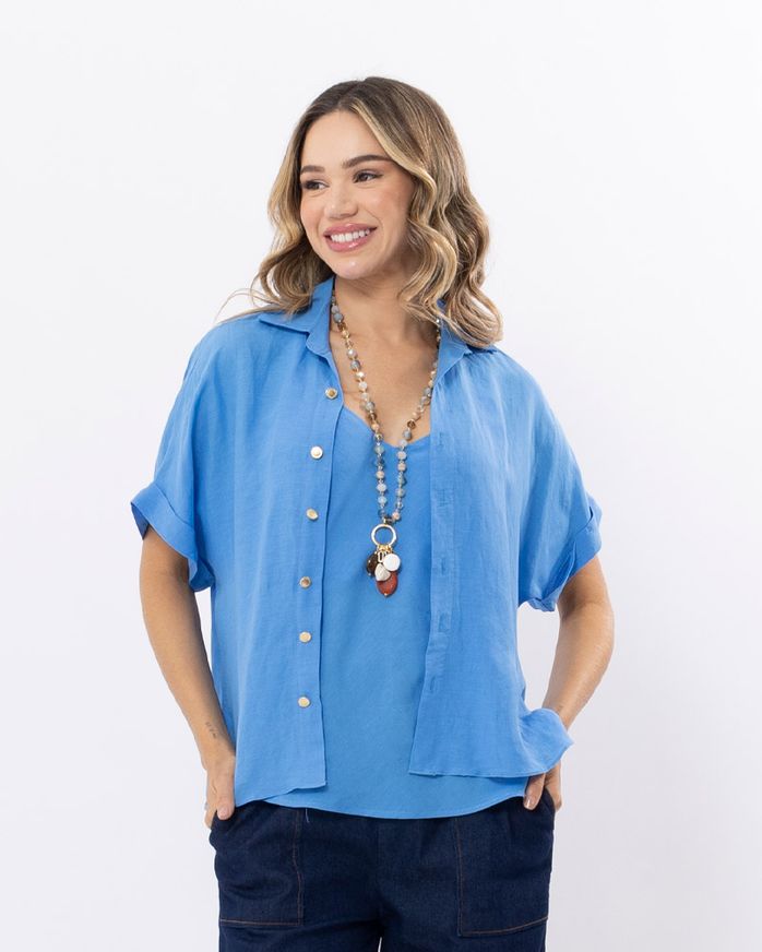 Camisa-Linho-Manga-Curta-com-Botoes-Personalizados-Azul-Ceu