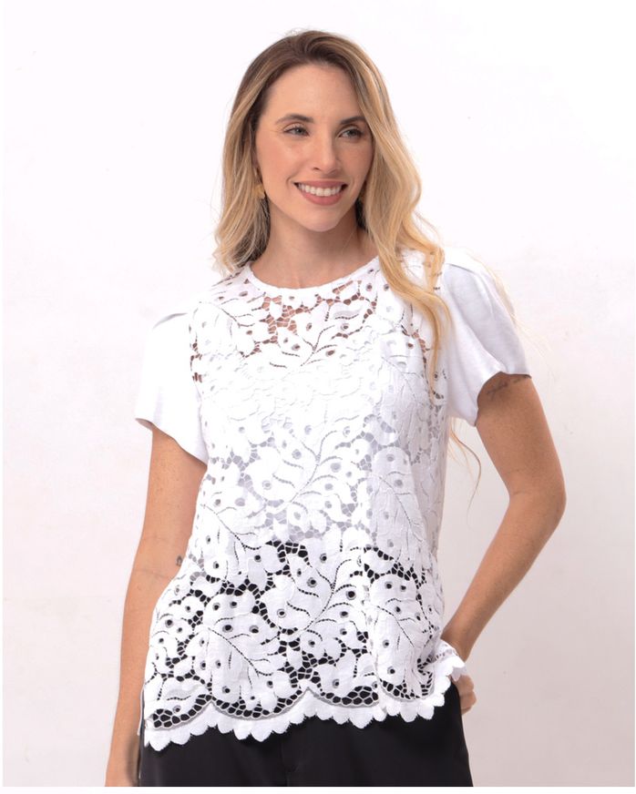 Blusa-Renda-Folhagens-Manga-Curta-com-Pregas-Branco
