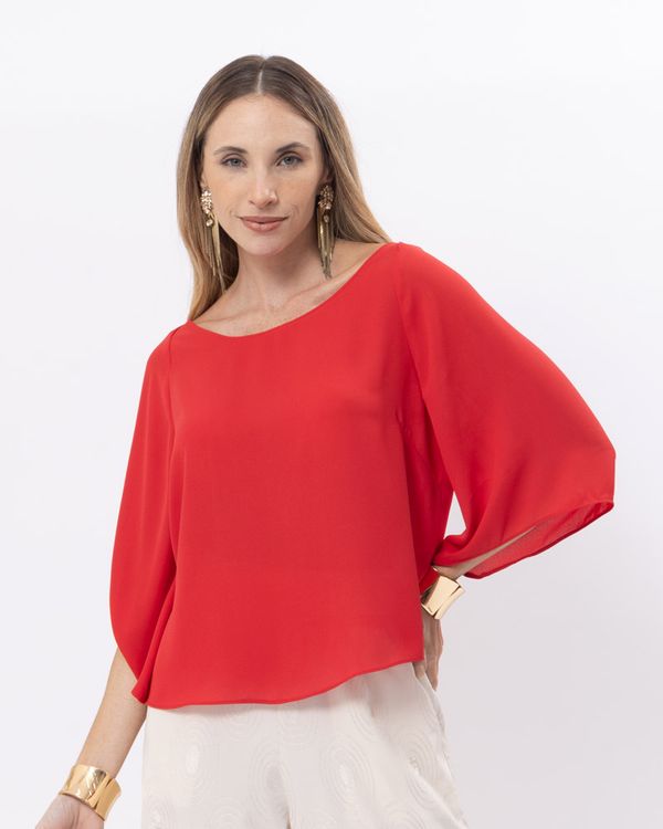 Blusa-Chiffon-Decote-Canoa-Transpassado-Mangas-Amplas-Vermelho-