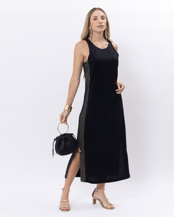 Vestido Midi Malha Gloss Lateral Listras Lurex Preto lojabluk