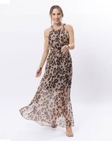 Vestido-Longo-Tule-Plissado-Estampa-Leopardo-Decote-Colar-Metal-Estampado