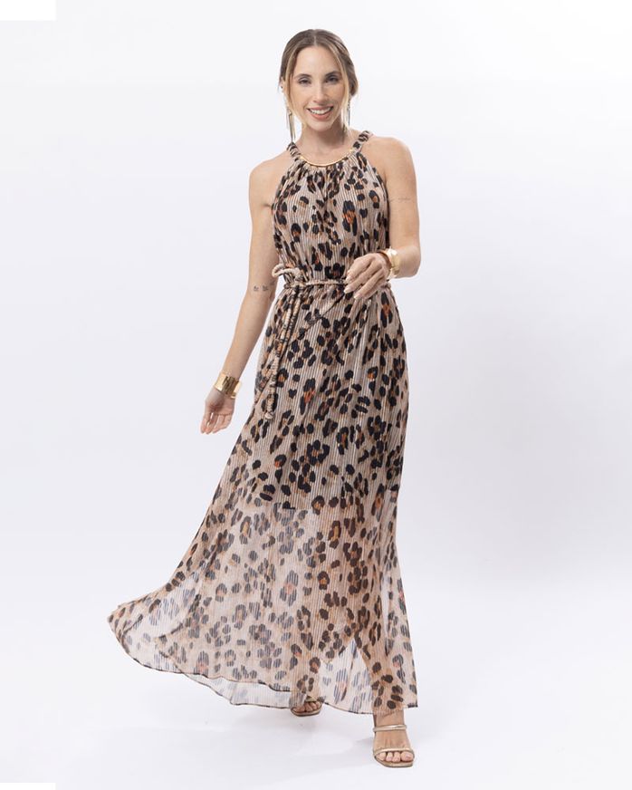 Vestido-Longo-Tule-Plissado-Estampa-Leopardo-Decote-Colar-Metal-Estampado
