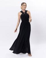 Vestido-Longo-Viscose-Decote-com-Franzido-Preto