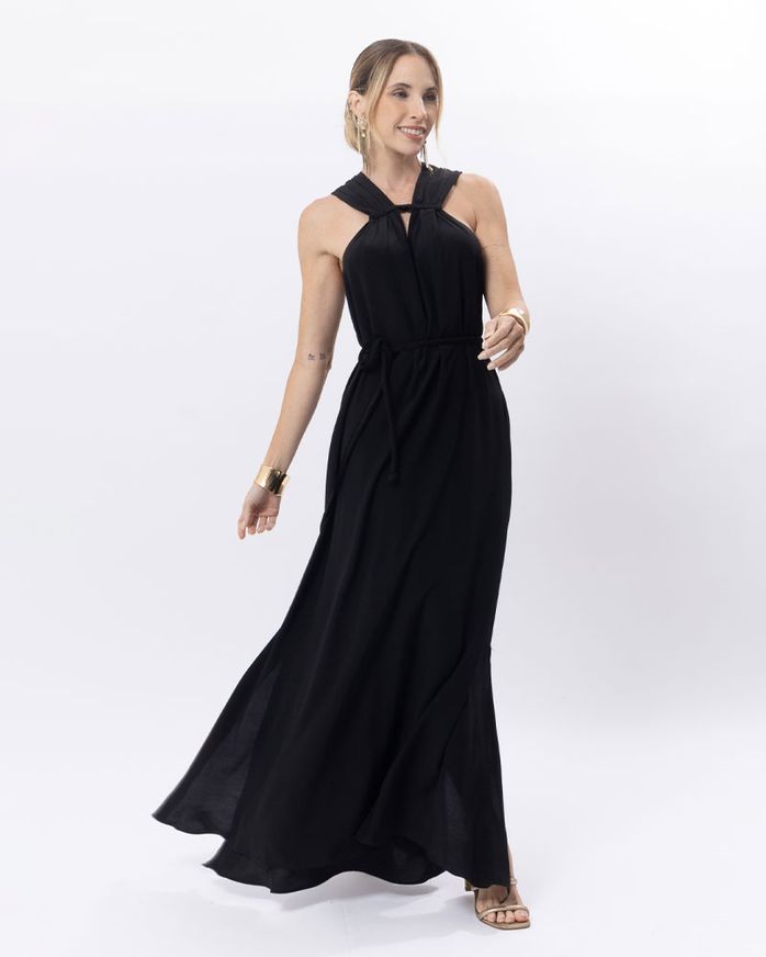 Vestido-Longo-Viscose-Decote-com-Franzido-Preto